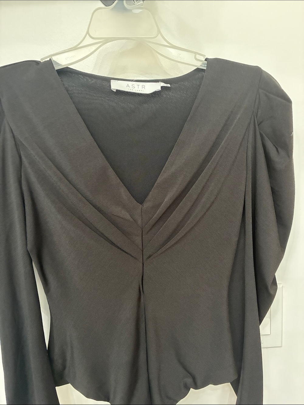 Astr Black Long Sleeve V-Neck Draped Front Dress
